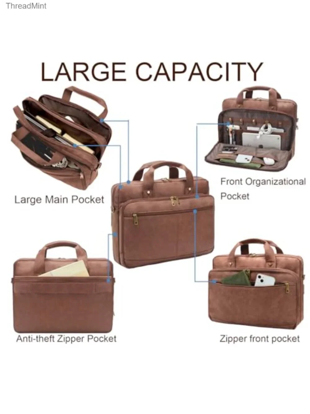 PU Leather Briefcase Convertible Crossbody Messenger Bag for 16 Inch Laptop